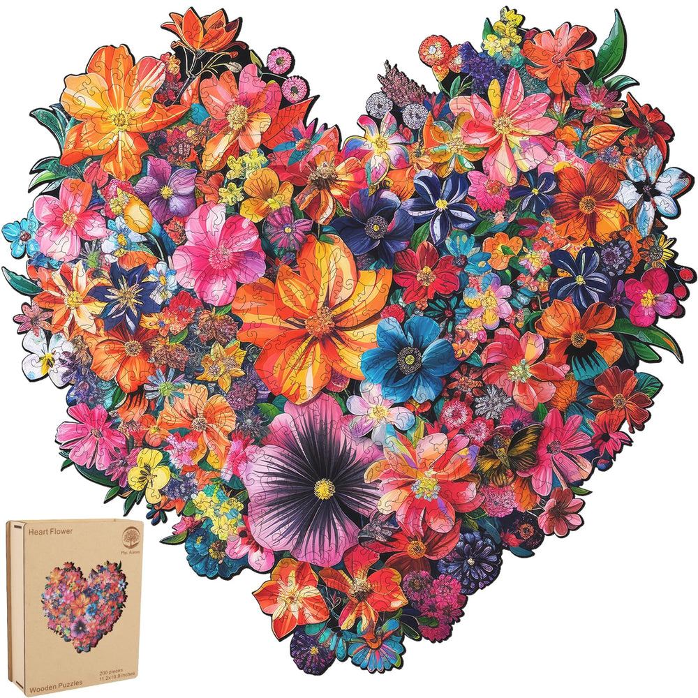 Mys Aurora heart flower puzzle close-up showing vivid hand-painted pieces for vibrant play.