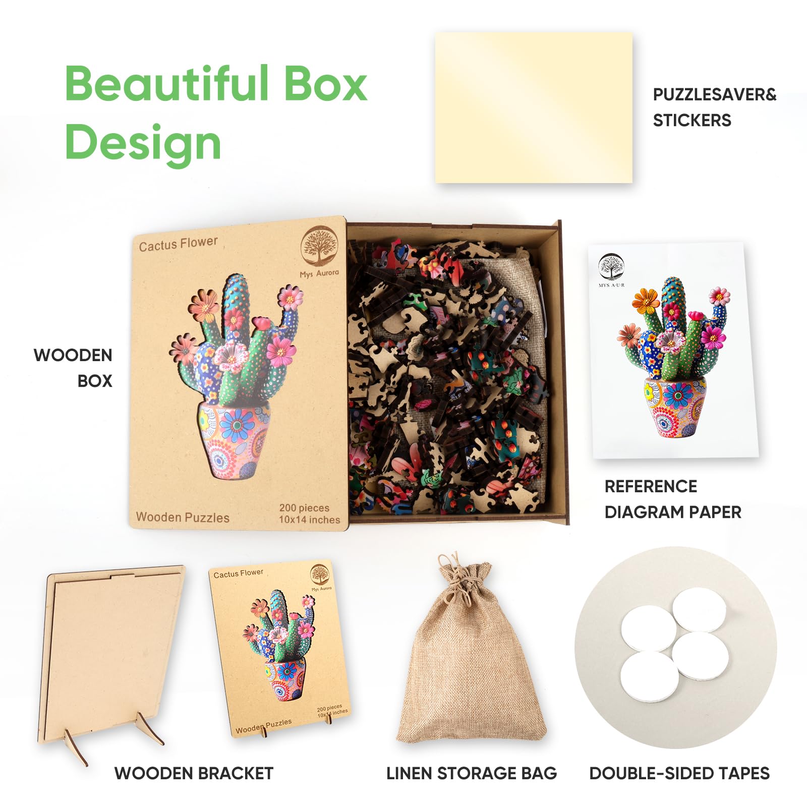 Mys Aurora reference image and adhesive strips for easy assembly guidance.