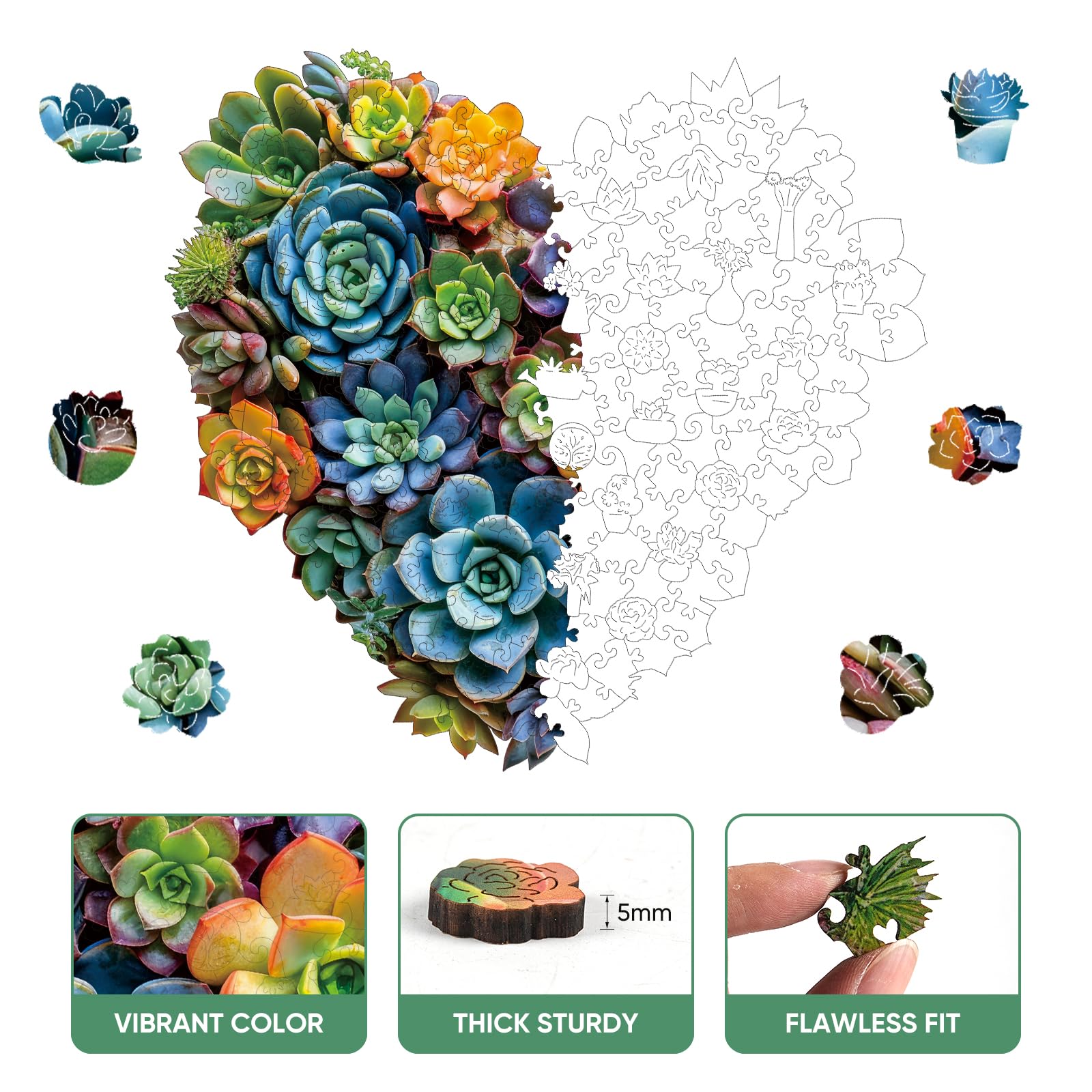 Mys Aurora wooden puzzle pieces close-up with precise edges for a perfect fit