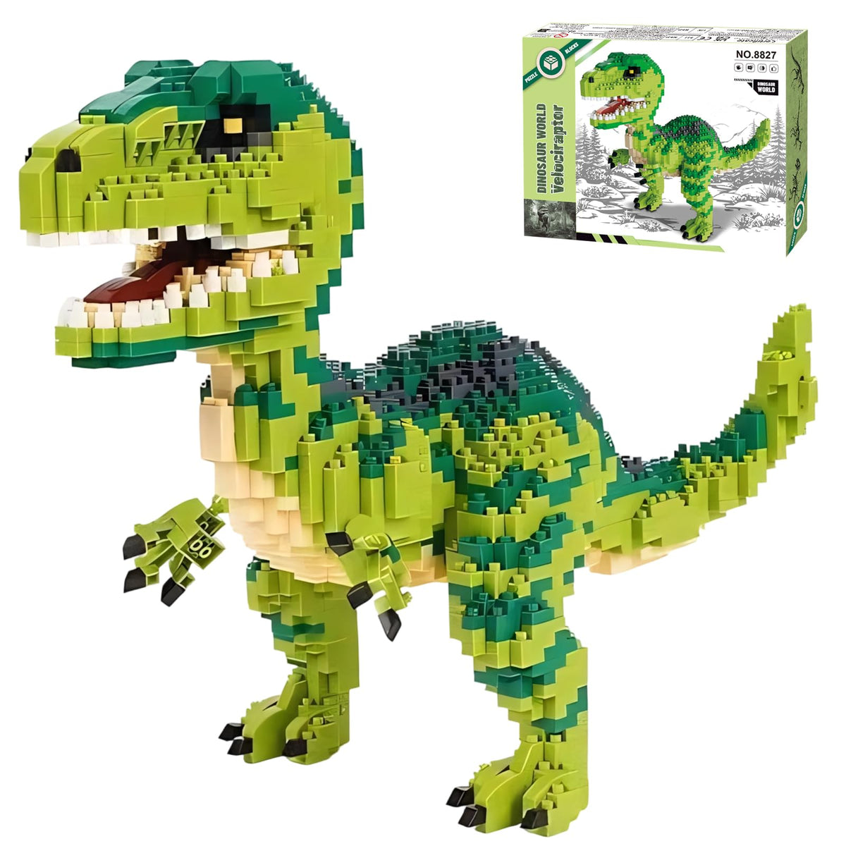 Myth Qholve Velociraptor design close-up with green and black pattern for display.