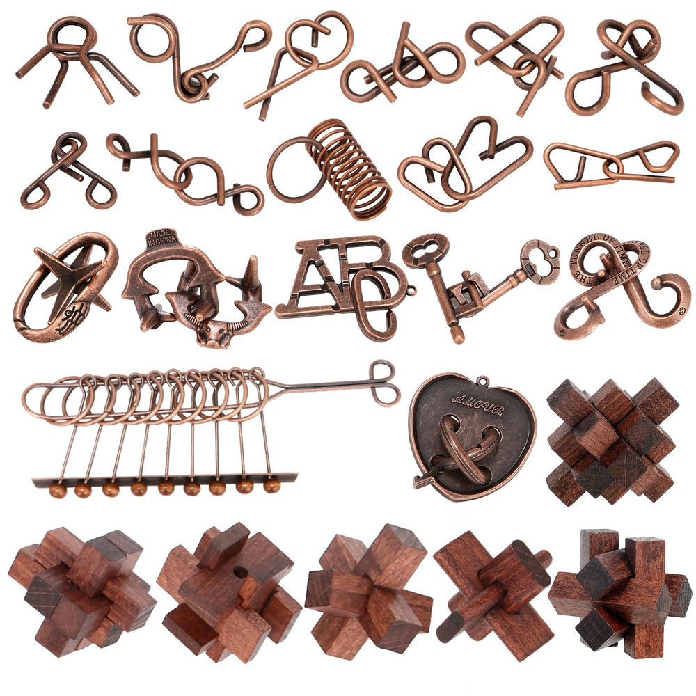 Mytothfy 24-pcs brain teaser puzzles, wood and metal, for hands-on brain exercise.