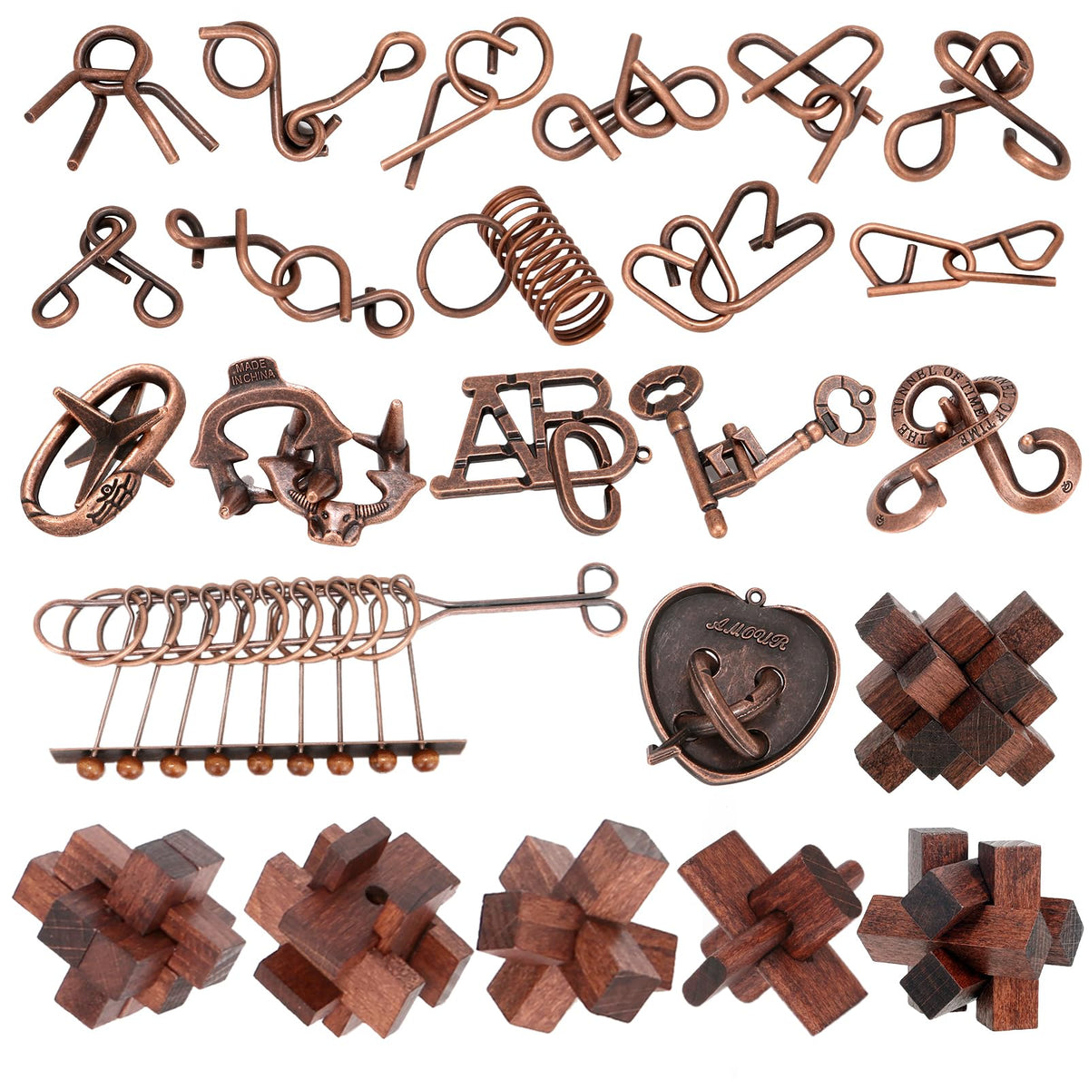 Mytothfy 24-pcs brain teaser puzzles, wood and metal, for hands-on brain exercise.