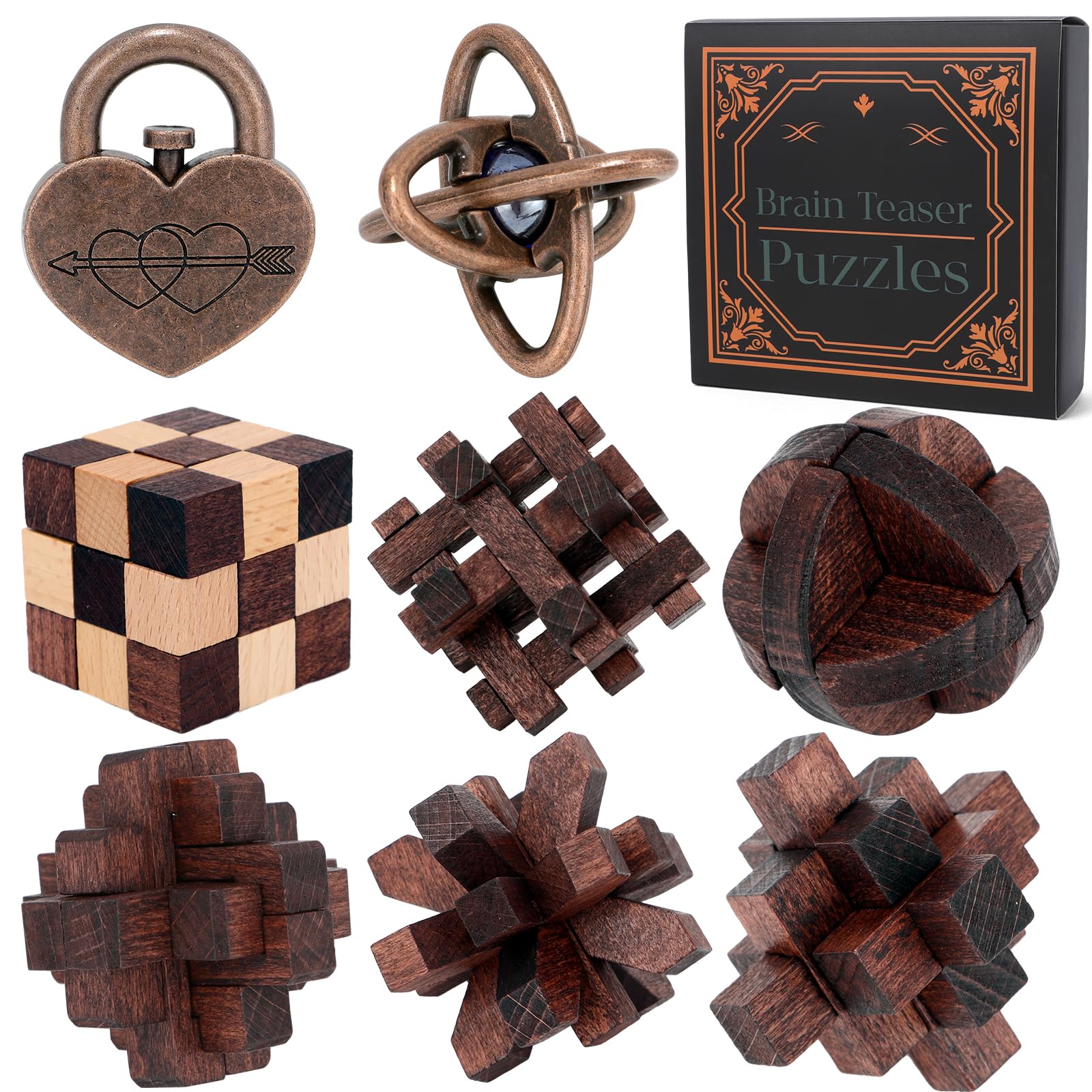 Mytothfy 8-pcs brain teaser puzzles set for adults and teens, challenging logic and problem-solving.