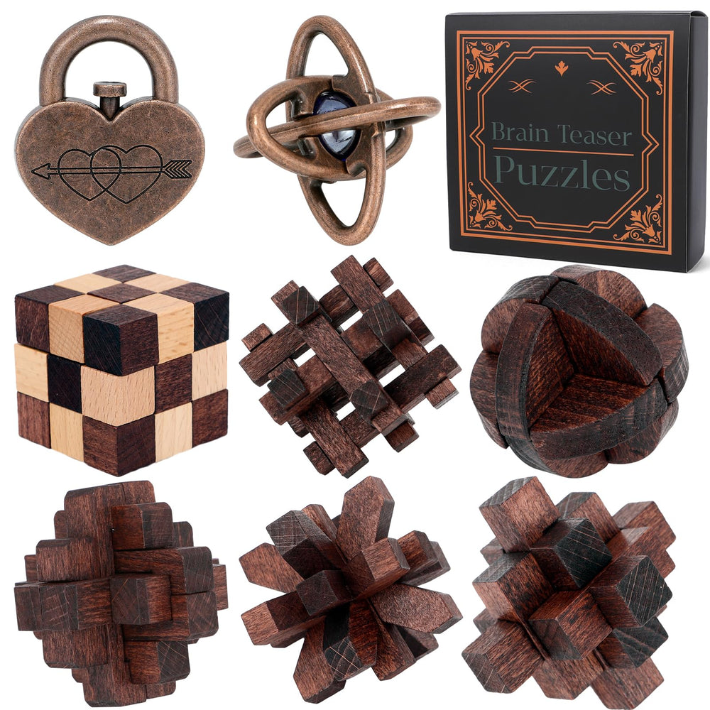 Mytothfy 8-pcs brain teaser puzzles set for adults and teens, challenging logic and problem-solving.