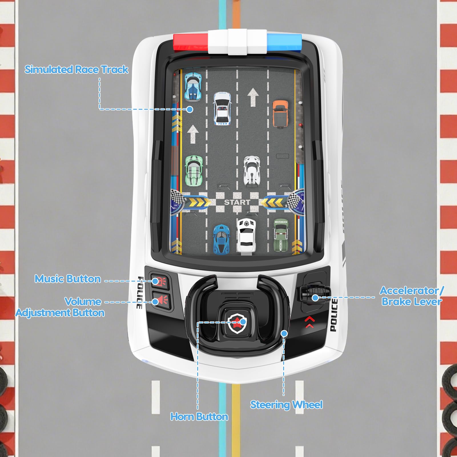Mytothfy horn and sounds buttons provide engaging pretend driving feedback.