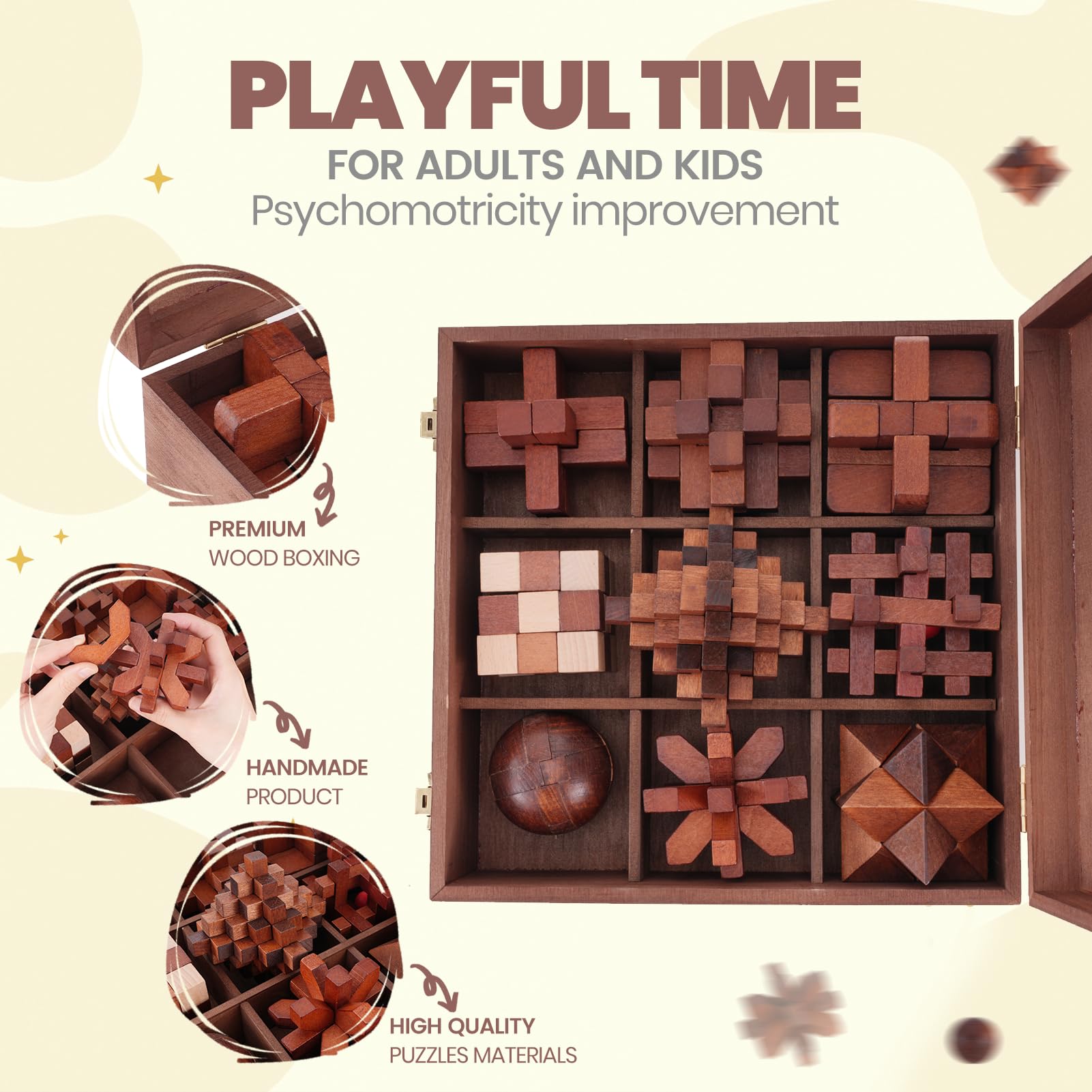 Mytothfy nine-piece 3D puzzle pieces arranged for a challenging mind workout.