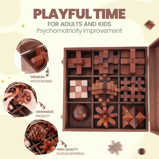 Mytothfy nine-piece 3D puzzle pieces arranged for a challenging mind workout.