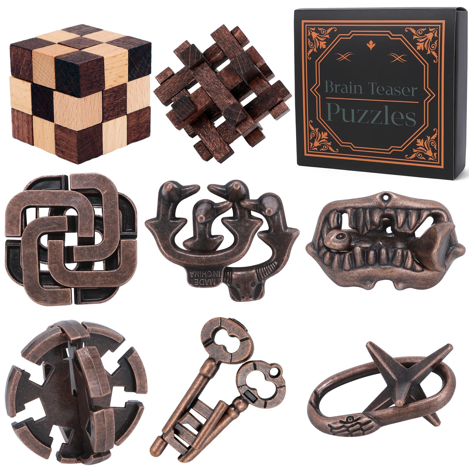 Mytothfy wooden brain teaser eight pieces for focus and cognitive challenge.