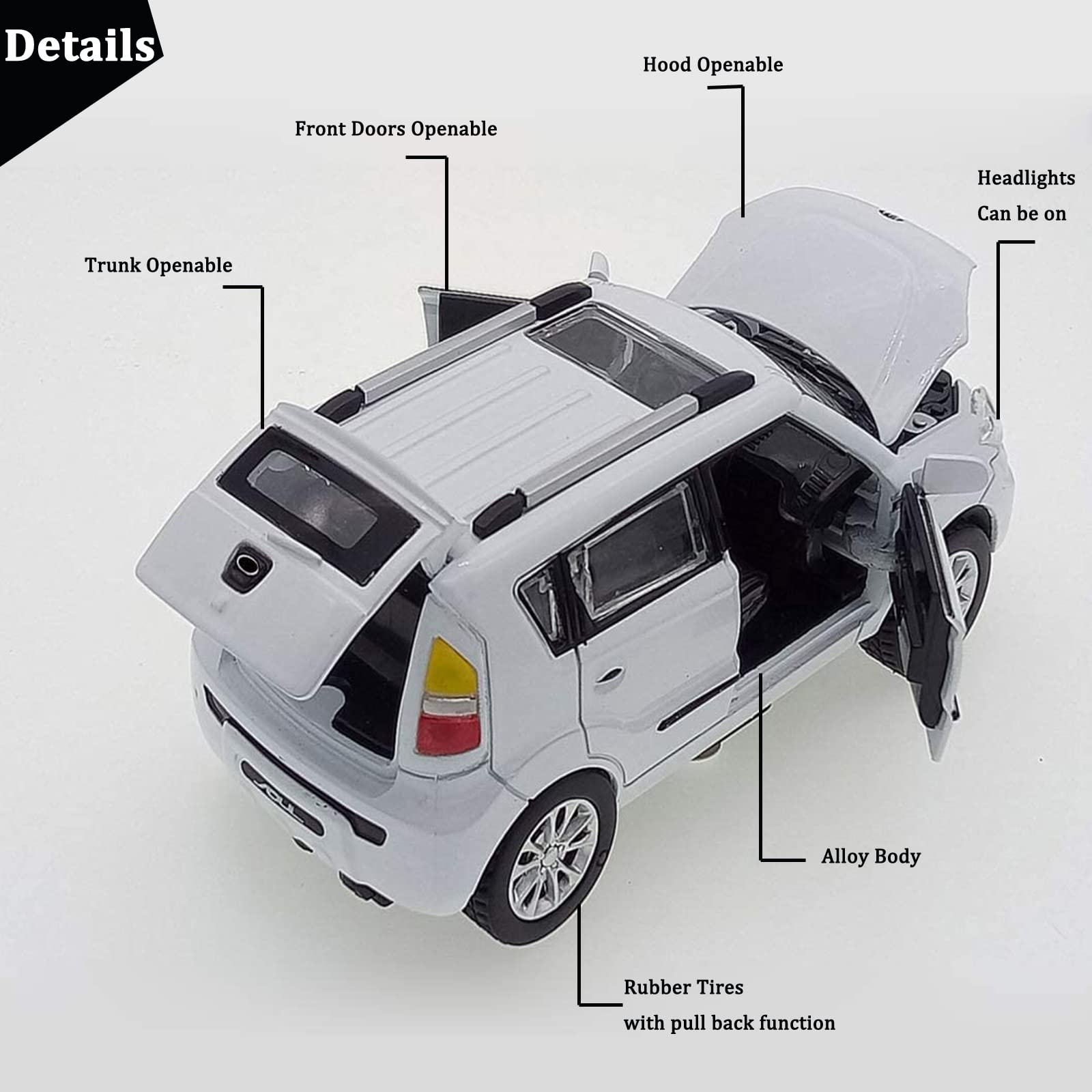Mzexoma KIA Soul diecast car with opening hood for interactive detail.