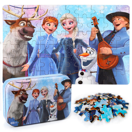 MZZOTOY 60-piece puzzle in a metal box, great for quiet play and storage.