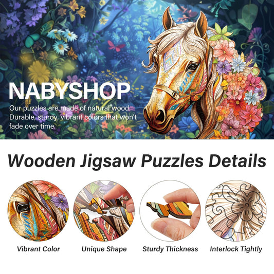 NABYSHOP wooden horse puzzle detail with colorful flowers.