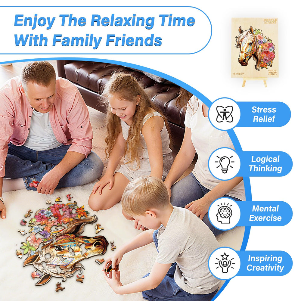 NABYSHOP wooden horse puzzle in use by a family.