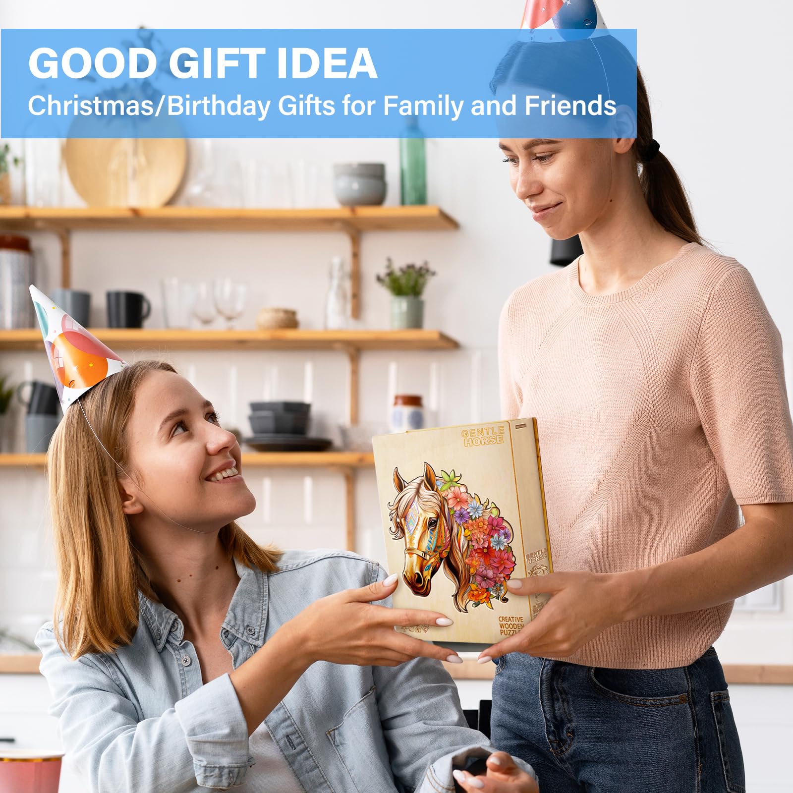 NABYSHOP wooden horse puzzle packaging and contents.
