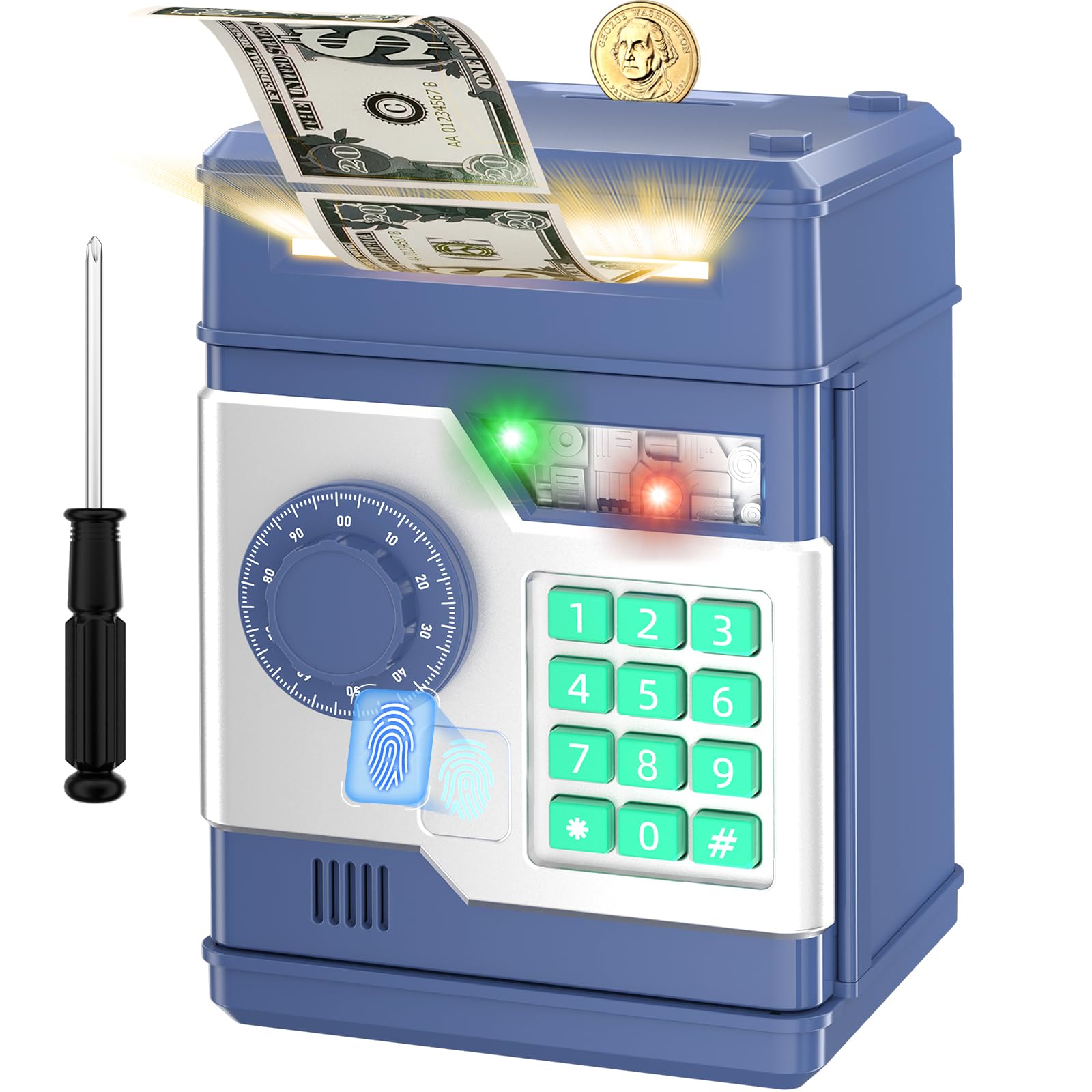 NAFEIV Kids Piggy Bank navy front view showing friendly design and saving potential.