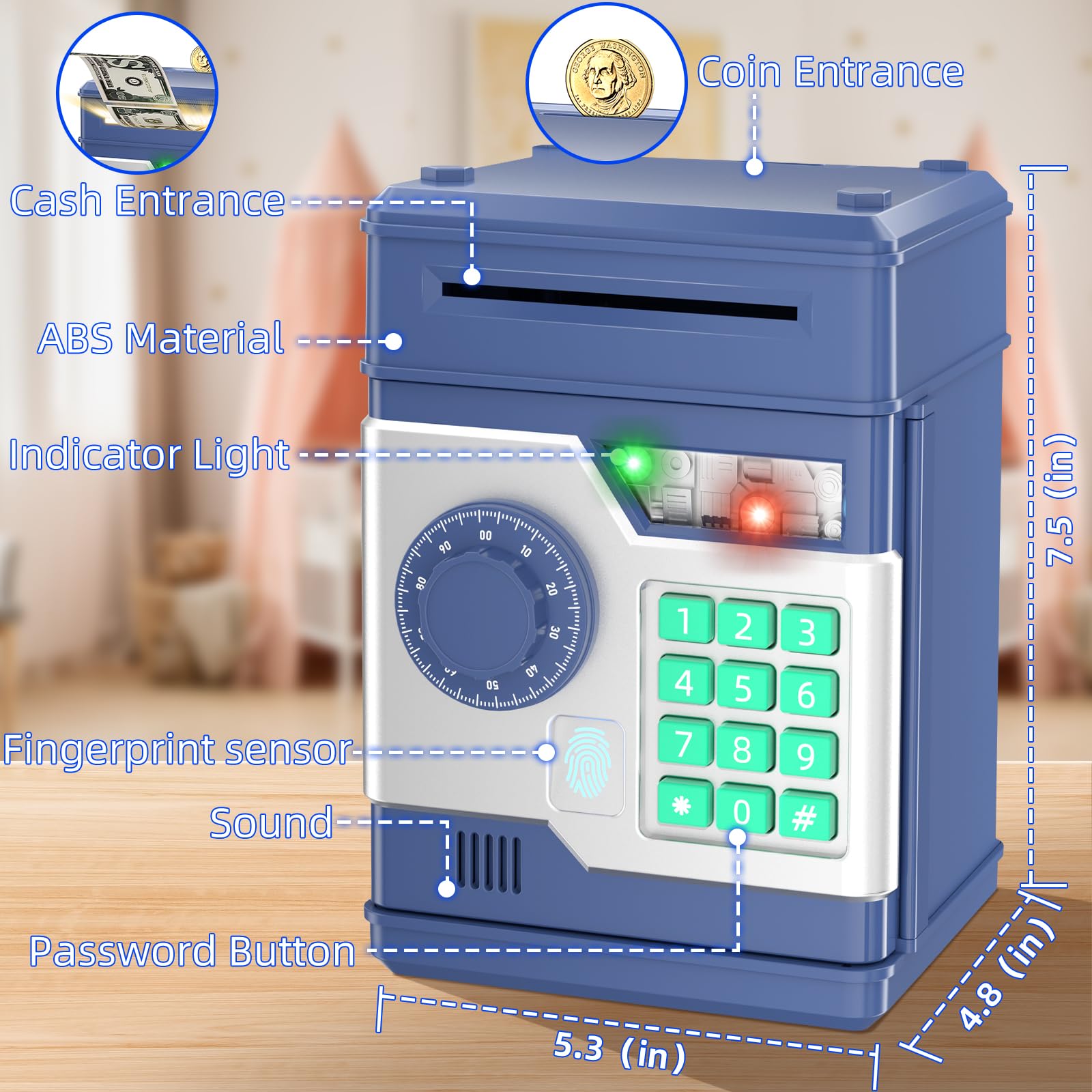 NAFEIV Kids Piggy Bank navy side view highlighting durable ABS build for kids.