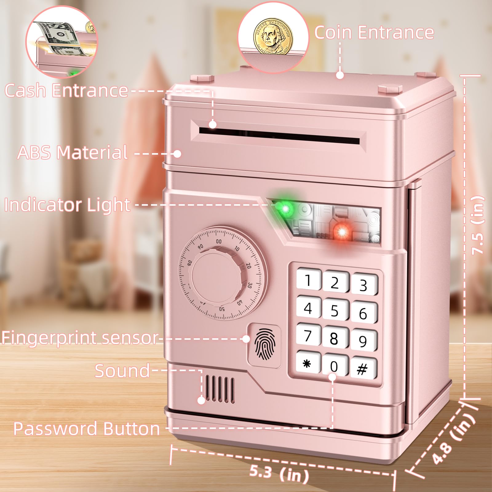 NAFEIV Kids Piggy Bank rose gold on desk, showcasing electronic saving features.