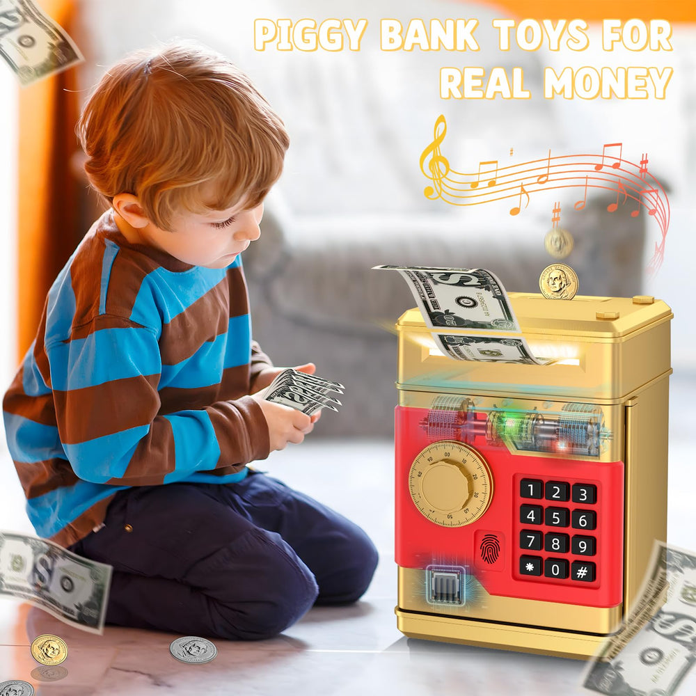 NAFEIV piggy bank gold note input scroll showing automatic deposit feature