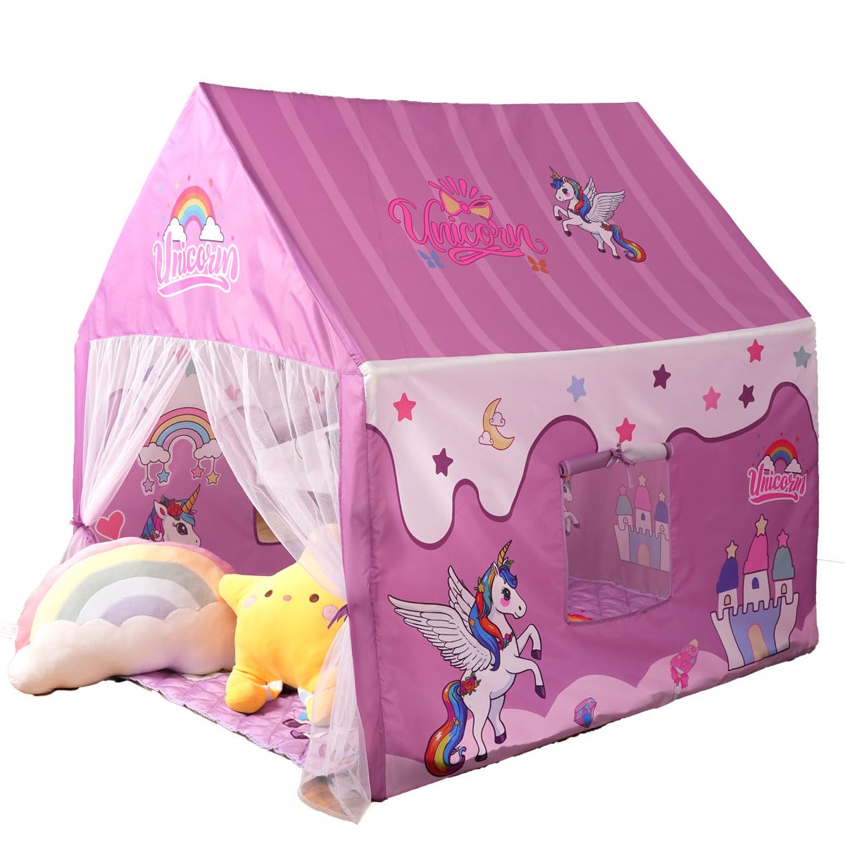 Naibrxh Princess Unicorn Castle Playhouse shown indoors and outdoors with magical ambience for imaginative play