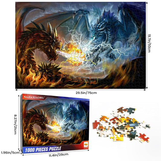 Najiaxiaowu assembled puzzle showing completed dragon duel for satisfying puzzle finish.