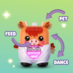 Cowbert mouth press feeds him when orange heart appears for hunger