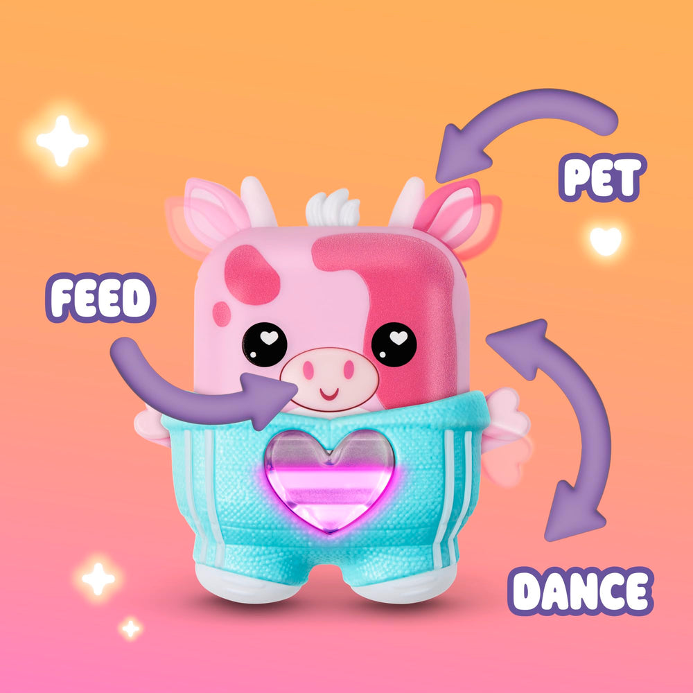 Mootilda pink cow mouth responds when fed for playful engagement