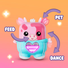 Mootilda pink cow mouth responds when fed for playful engagement