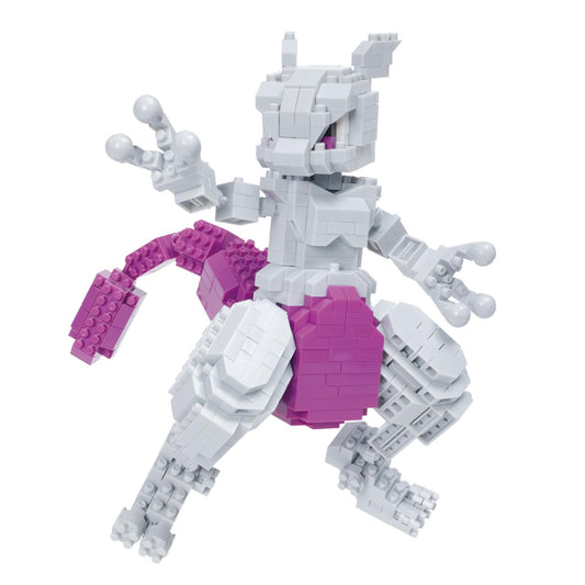 Nanoblock Mewtwo Deluxe Edition assembly close-up showing tiny bricks for a detailed palm-sized model
