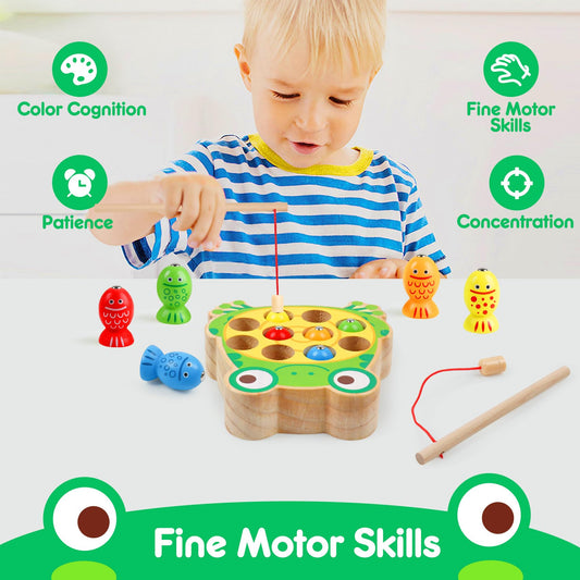NAODONGLI wooden frogs and fish pieces encourage color sorting and storytelling.