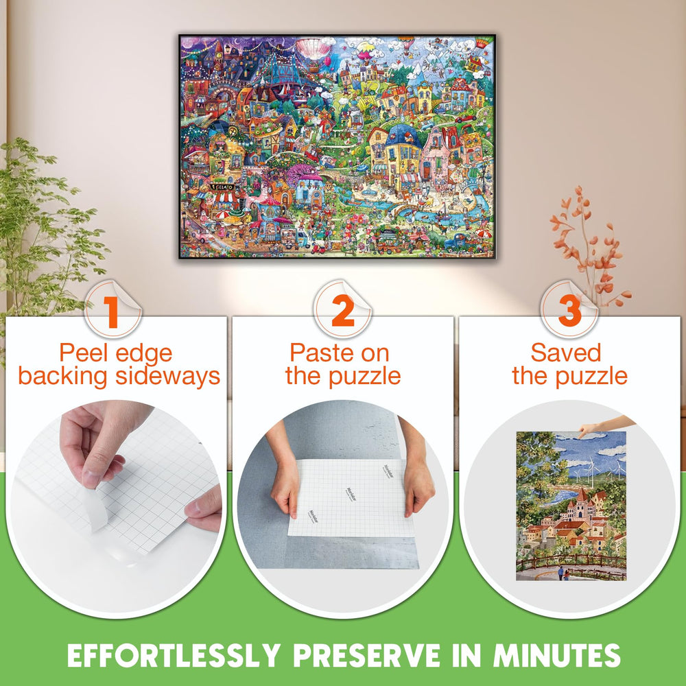 Nariolar crystal-clear adhesion keeps puzzle front intact and back visible
