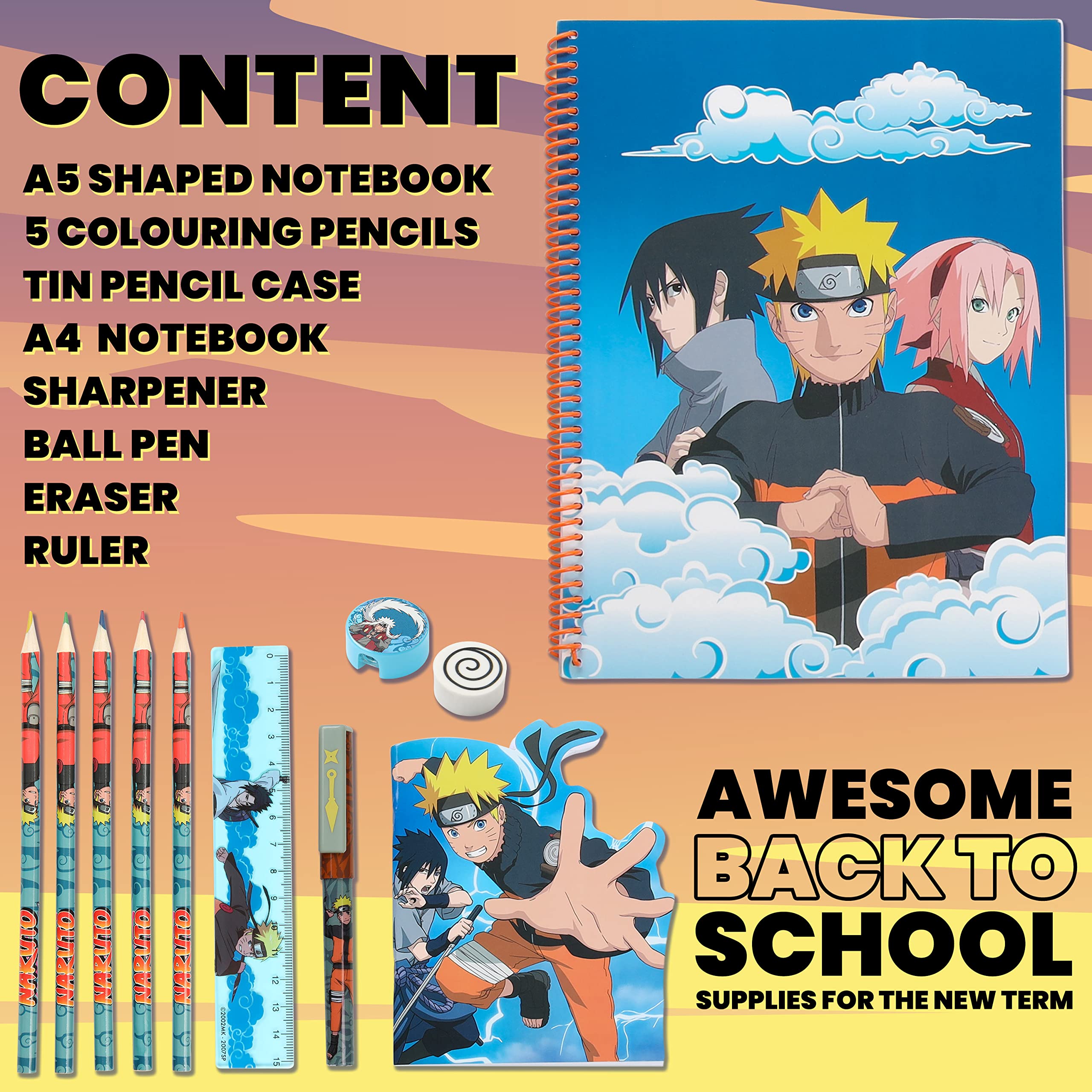 Naruto stationery set eraser, sharpener, and ruler for tidy homework.