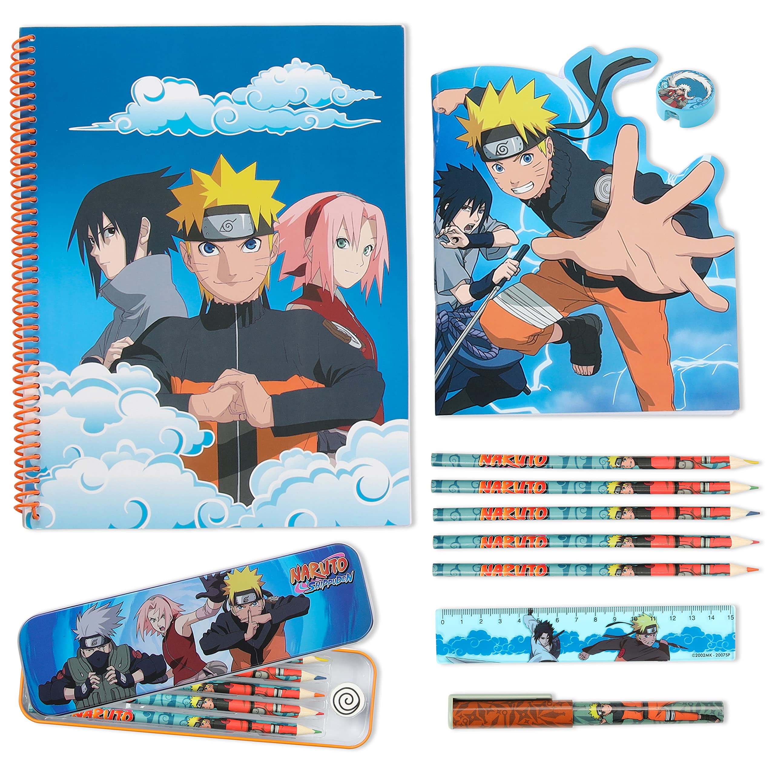 Naruto stationery set with notebooks and tin case for organized study.