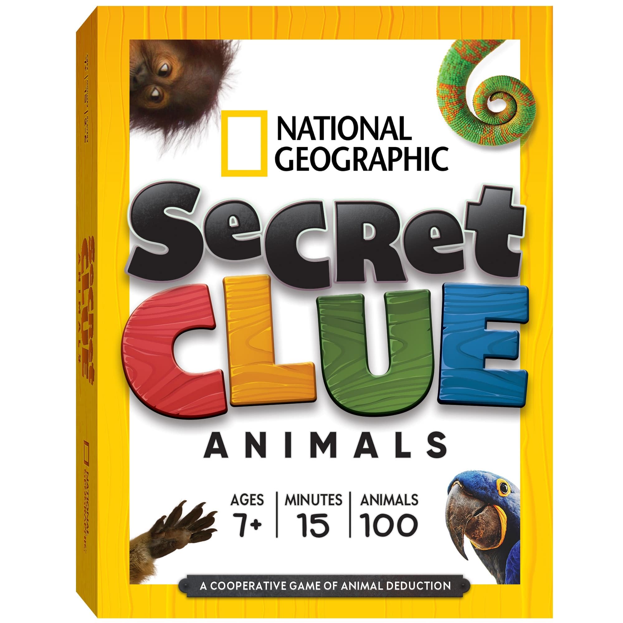 National Geographic Secret Clue Animals game packaging shown for family play and durability