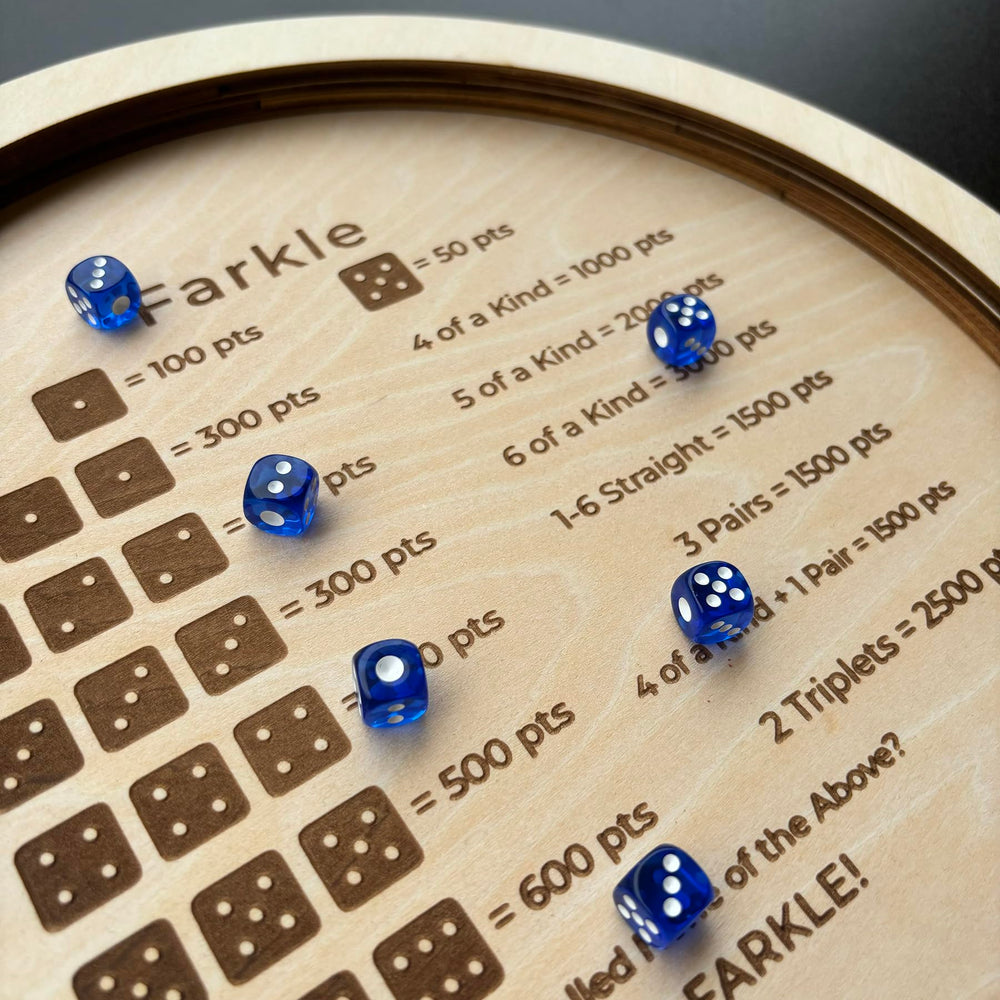 NatldGs Farkle dice tray with colorful dice for engaging game night visuals.
