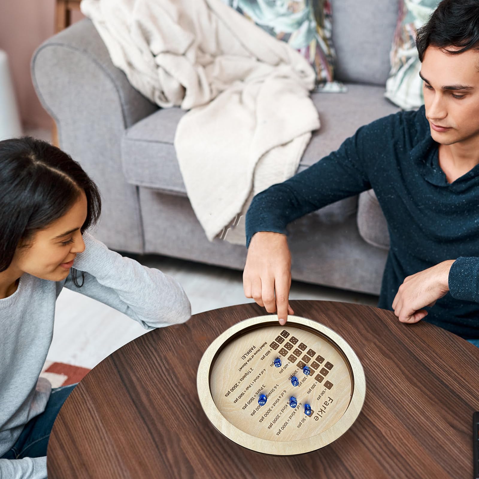 NatldGs Farkle dice tray used during cozy family game nights.