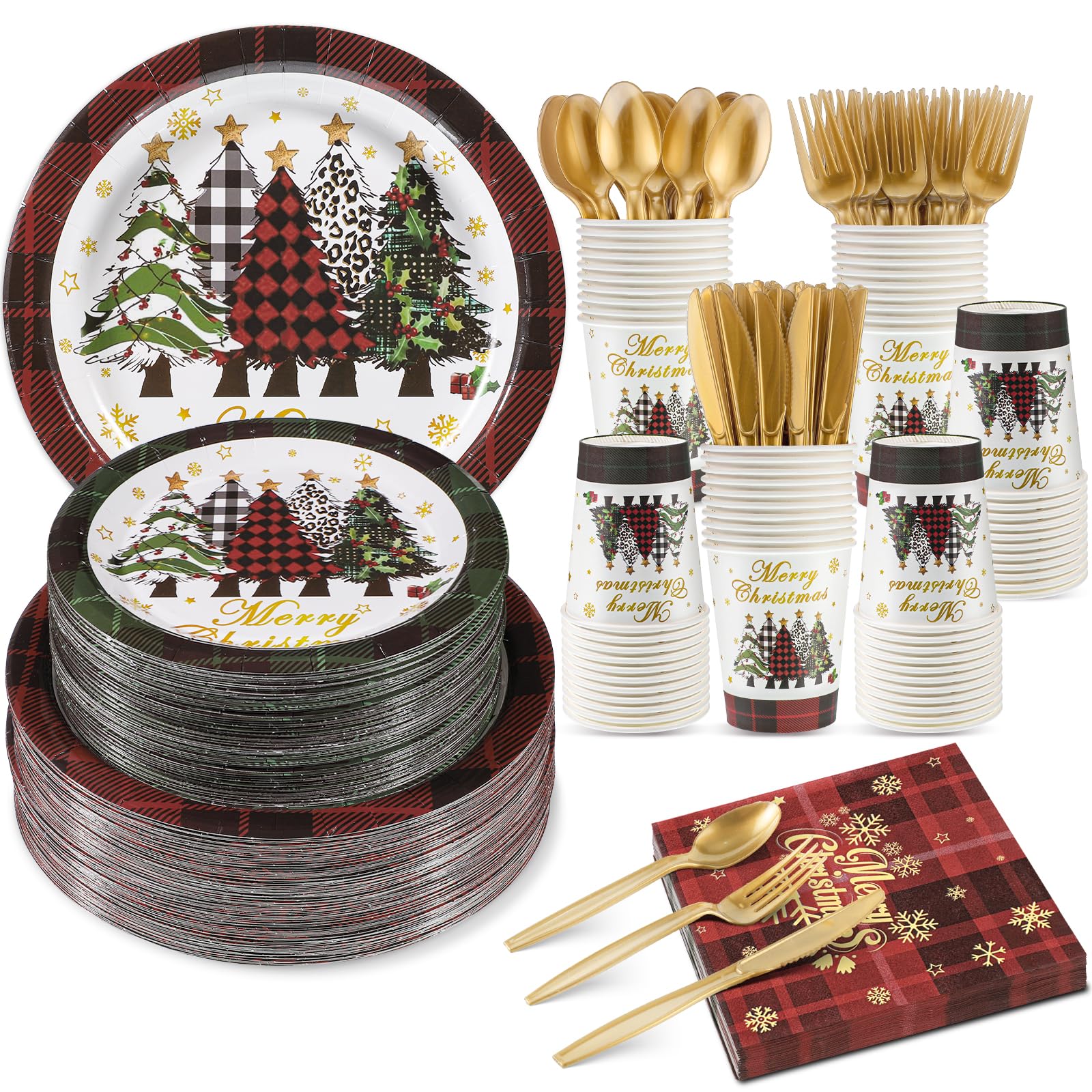 NatNarr 350pc Christmas set with buffalo plaid tree pattern for easy holiday party setup.