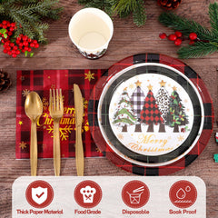 NatNarr green buffalo plaid 7-inch plates ideal for appetizers and party bites.