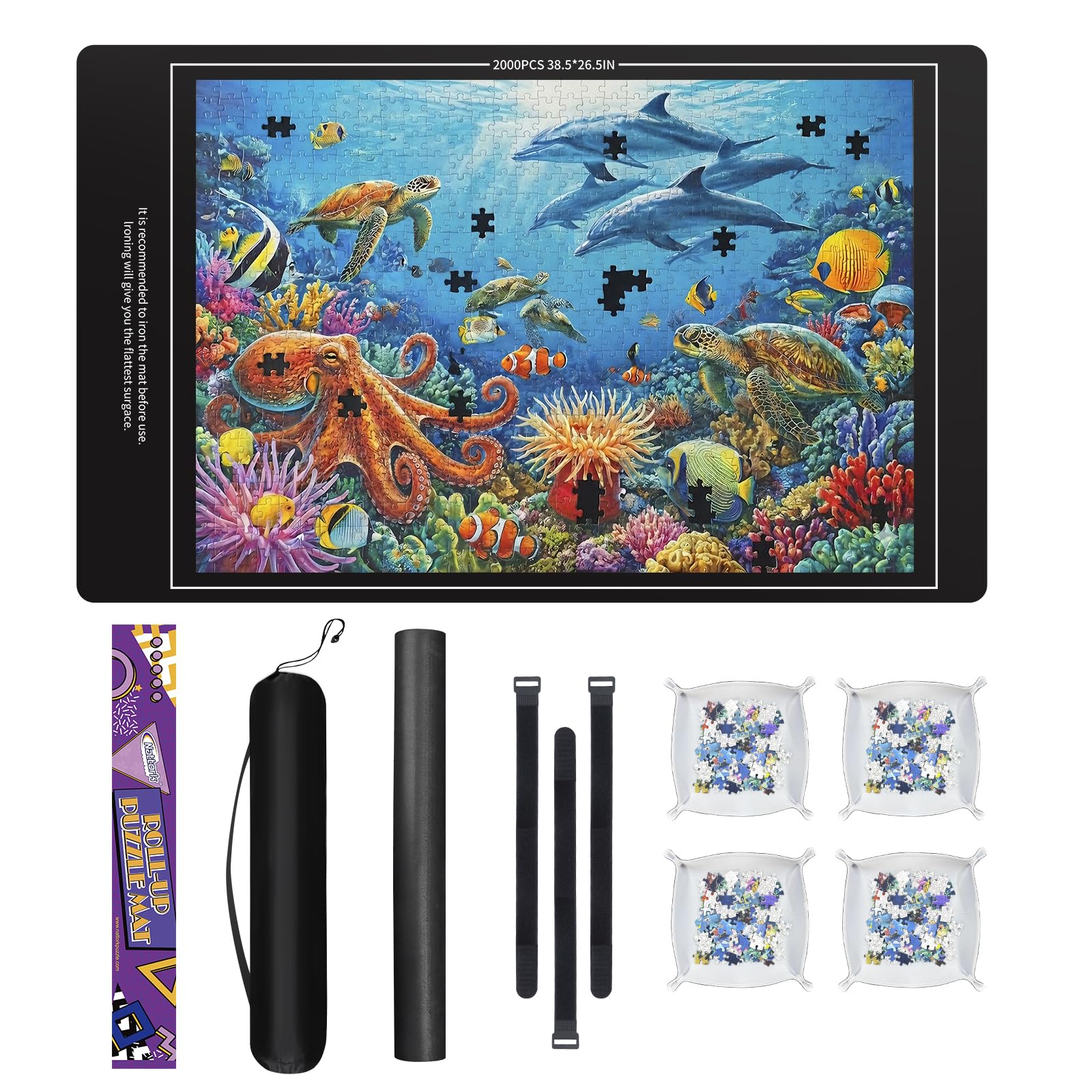 Nattork Jigsaw Puzzle Mat Roll Up on a table showing the large play area and rolled-up storage option