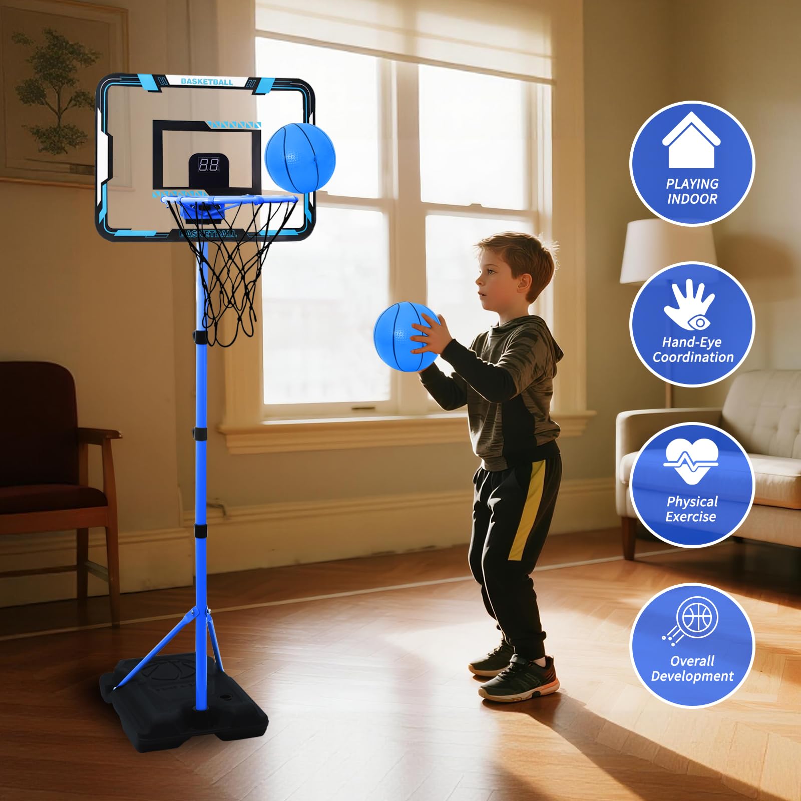 Nattork hoop designed for ages 3–8 with easy height adjustments