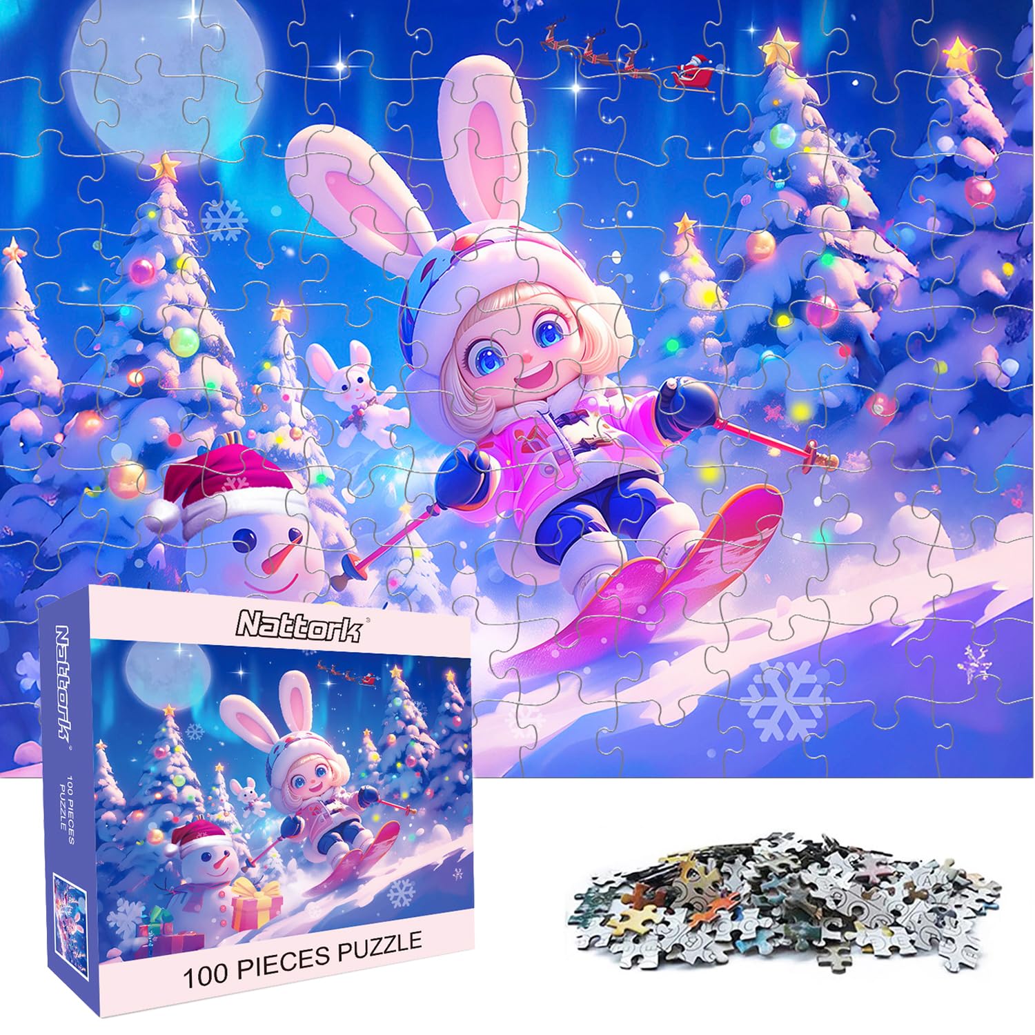 Nattork skiing bunny 100-piece puzzle cover for mindful family fun.