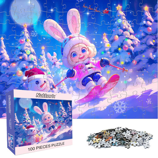 Nattork skiing bunny 100-piece puzzle cover for mindful family fun.