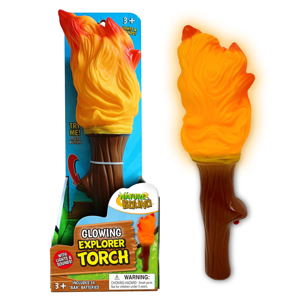 Nature Bound Explorer Torch campfire light indoors provides a warm pretend camping glow.