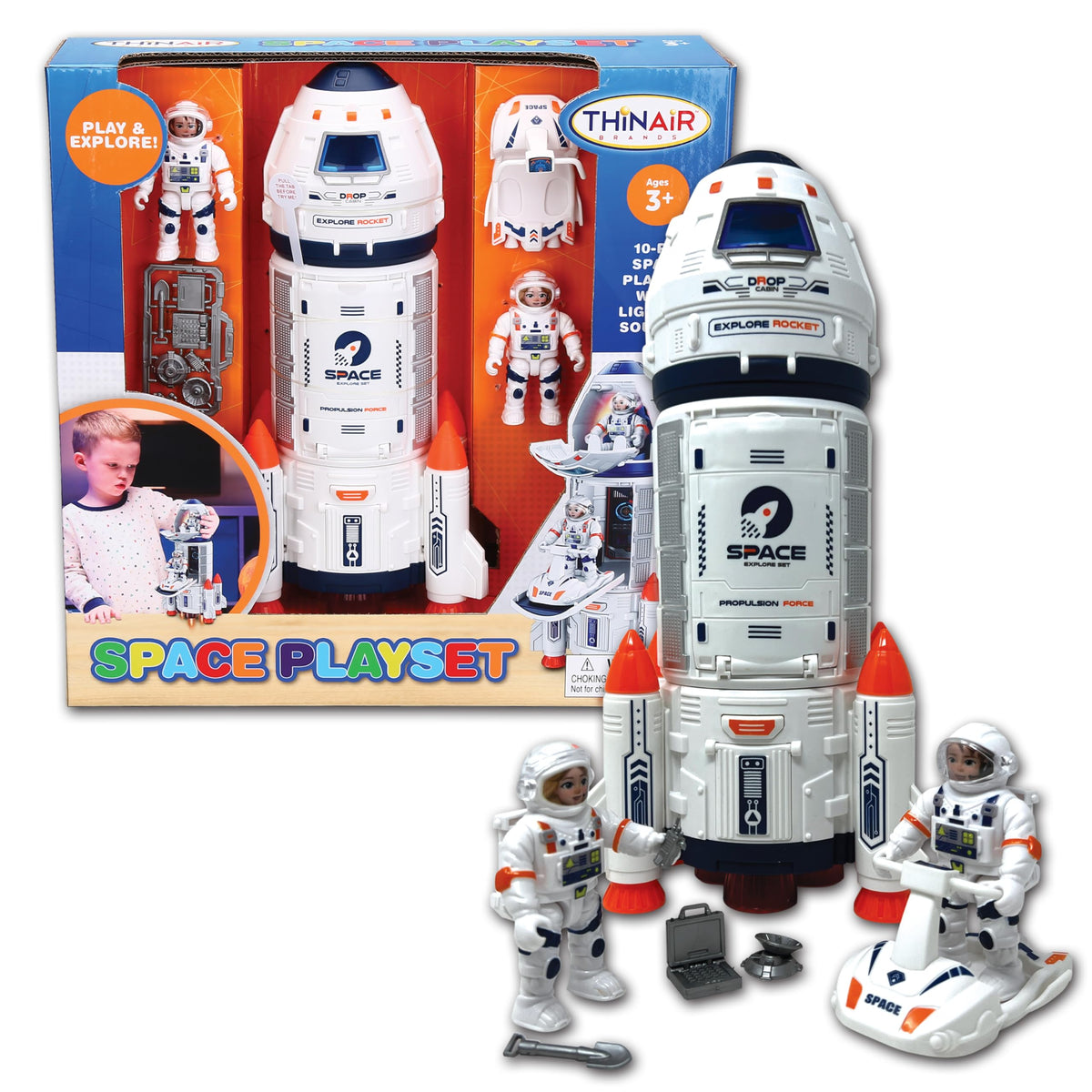 Nature Bound rocket ship front view highlights sturdy kid-safe design for imaginative space adventures.