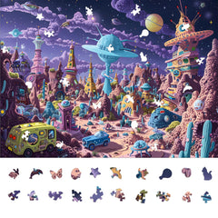 Naturelish Alien Planet puzzle front cover with vibrant purple monsters.
