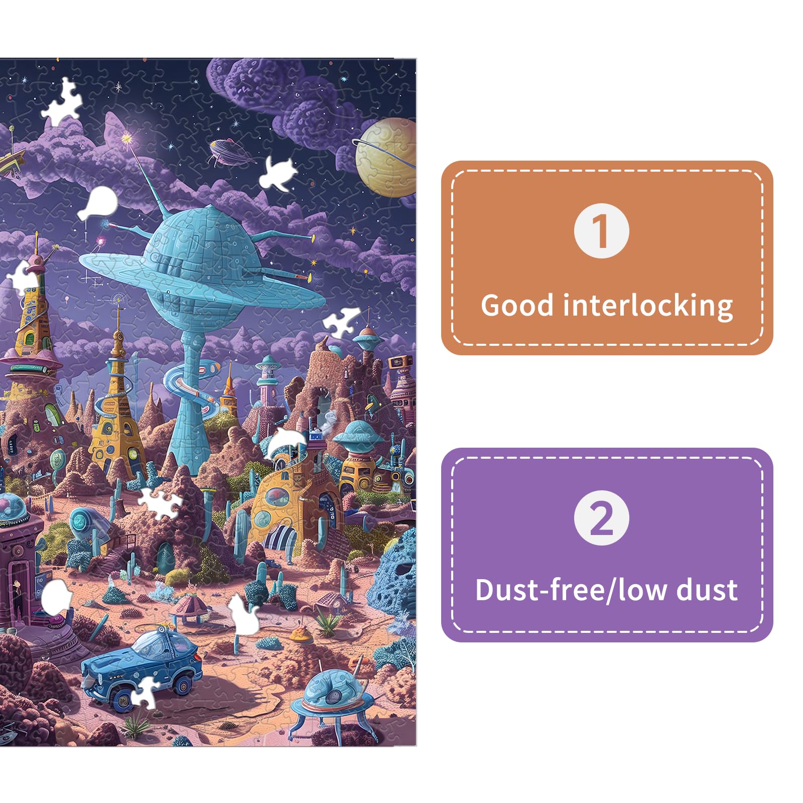 Close-up of unique puzzle pieces and animal silhouettes from Naturelish Alien Planet.