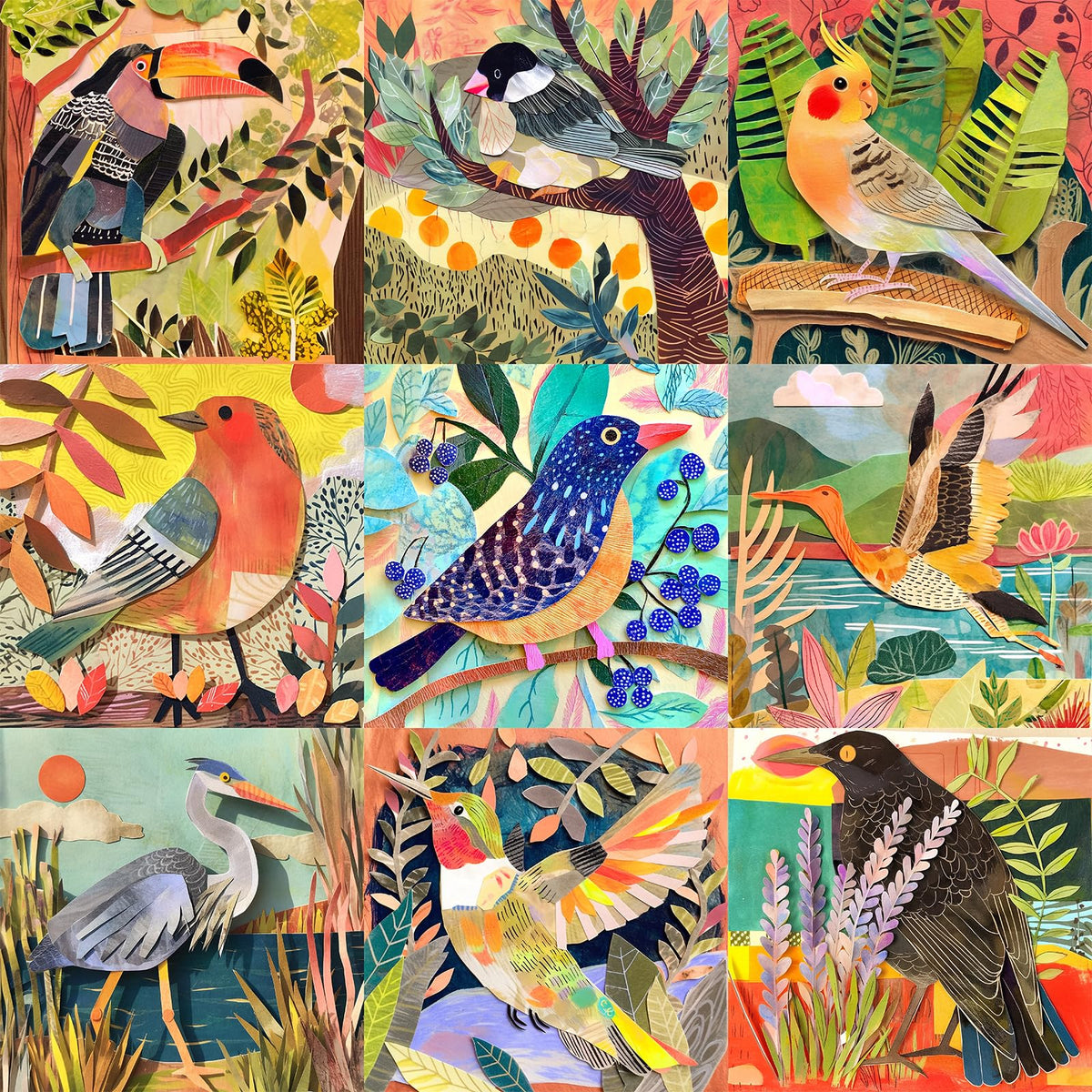 Naturelish 1000 piece puzzle with colorful cut-paper birds for mindful, immersive play