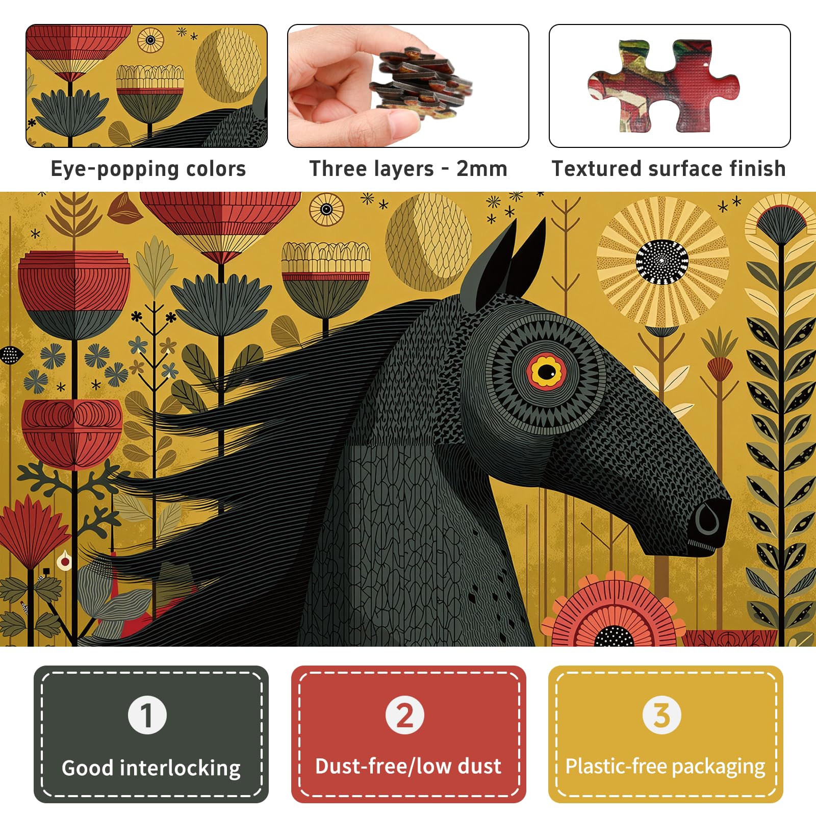 Naturelish black steed among blooming flowers puzzle image for relaxing evenings