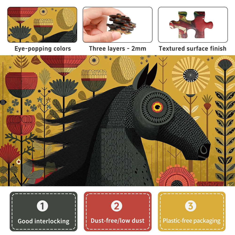 Naturelish black steed among blooming flowers puzzle image for relaxing evenings