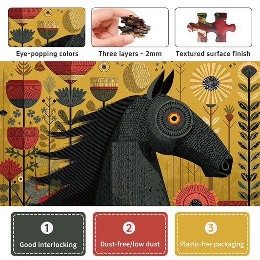 Naturelish black steed among blooming flowers puzzle image for relaxing evenings