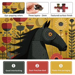 Naturelish black steed among blooming flowers puzzle image for relaxing evenings