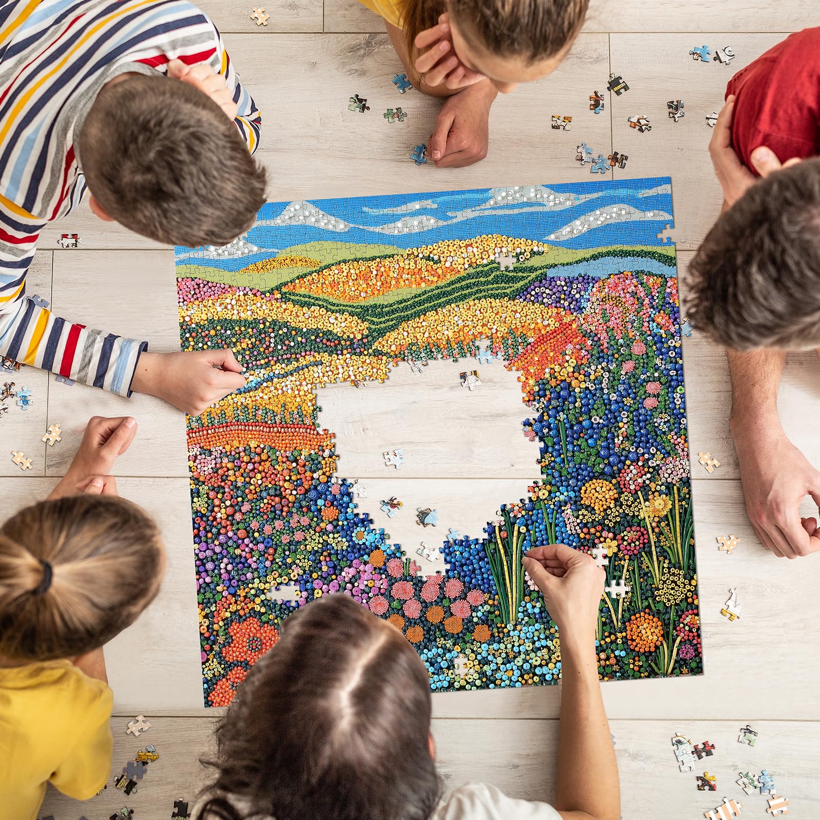 Naturelish Flowers Pixel Puzzle reference poster assists in guided assembly.